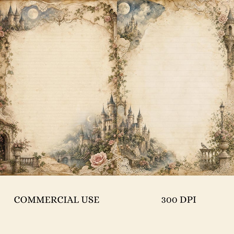 Op de afbeelding: Twee vellen gelinieerd briefpapier met een vintage uitstraling en een beige perkamenten achtergrond. De randen zijn versierd met illustraties van stenen kastelen, nachtelijke luchten met manen, klimrozen en gedetailleerd wit kant.