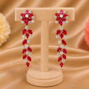 26.80Ct Burmese Ruby & 15.50Ct Diamond Drop Earrings – 18K Yellow Gold Luxury Chandelier Earrings, High Jewelry Statement Ruby Diamond