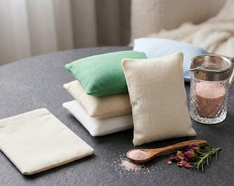 Set di 2 cuscini di sale himalayano per alleviare il dolore e prendersi cura della pelle con 2 fodere lavabili in lino naturale / Impacco riscaldato per occhi e orecchie fatto a mano
