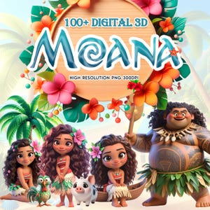 May include: A digital illustration featuring characters and elements from the animated film "Moana." The image includes the film's title, tropical flowers, palm trees, and several characters, including Moana, Maui, Hei Hei, and Pua.
