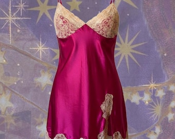 Vintage Frederick's of Hollywood Fuchsia Satin Lace Chemise XL Y2K Coquette Lingerie Nightgown
