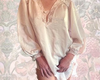 Vintage Christian Dior Blush Satin Nightgown, French Lace Sleep Shirt, Bridal Boudoir Tunic Dress