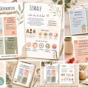 Puede incluir: Un conjunto de 12 tarjetas de conversación educativas para profesionales del cuidado infantil, con diseños en tonos pastel, texto en alemán, ilustraciones de un pequeño dinosaurio e iconos sobre orientación, vínculos y rutinas diarias.