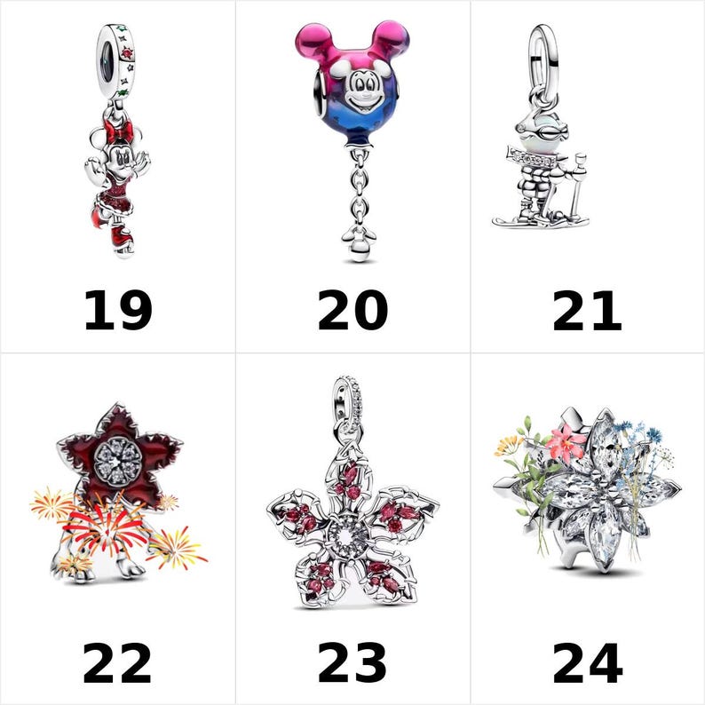K&ouml;nnte beinhalten: Eine Sammlung von sechs silbernen Anh&auml;ngern, nummeriert von 19 bis 24. Die Anh&auml;nger zeigen Designs wie eine Figur in einem roten Kleid, einen bunten Ballon, einen Skifahrer, einen Stern mit Feuerwerk, einen rosa Blumenstern und eine Kristallblume.