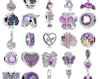 Charm Beads S925 Sterling Silber, passend für Pandora Armband, Schmetterling Herz Schwester Mama Murano Glas Bead, Lila Schmuck Geschenk für Sie