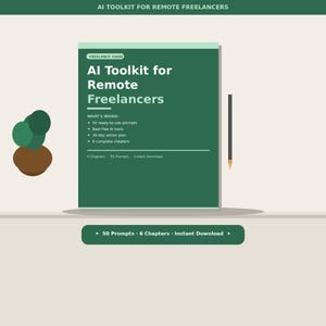 May include: A green and white book titled "AI Toolkit for Remote Freelancers" with the text "Freelance Guide." The book includes information on prompts, AI tools, and a 30-day action plan. A pencil is to the right of the book. The bottom of the image has the text "50 Prompts • 6 Chapters • Instant Download."