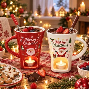 Christmas Fondue Mug Set, Ceramic Chocolate Melting Cup, Cheese Warmer Mug with Tealight, Holiday Dessert Pot, Christmas Gift, 3 Colors DIY
