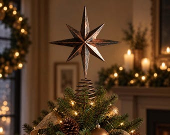 Vintage Christmas Tree Topper Star, Rustic Metal Tree Top Star, Antique Iron Holiday Ornament, Farmhouse Xmas Decor, 10.63 Inch Tree Crown