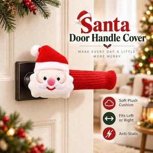 May include: A red and white Santa door handle cover featuring a plush Santa face with a red hat and a long red knitted sleeve. The cover is designed to fit over a door handle and includes text that reads Santa Door Handle Cover.