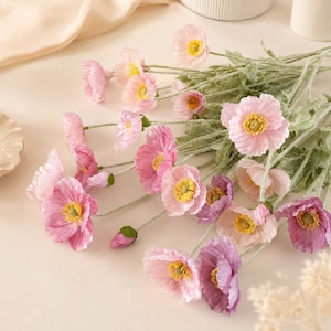 Artificial Iceland Poppy Flowers, Faux Silk Poppy Stems for Vase, Pink Floral Bouquet, Wedding Home Decor, 17 Colors, Long Stem Arrangement