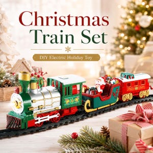 May include: A Christmas Train Set DIY Electric Holiday Toy featuring a green, red, and silver locomotive pulling a sleigh with a Santa figure and a red passenger car on black tracks. The text Christmas Train Set DIY Electric Holiday Toy is visible.
