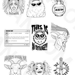 May include: A collection of black and white graphic illustrations featuring a woman with pigtails, a cat wearing a crown and sunglasses, a bottle labeled Carl's Jug O' Boom, a chat window, a goat, and a dagger with the text The Desperado.