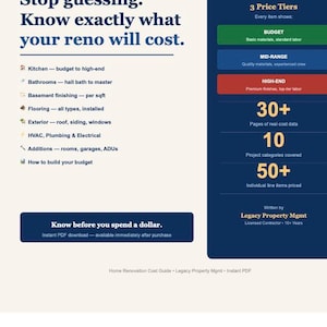 May include: A digital home renovation cost guide by Legacy Property Mgmt. The document features text including Stop guessing. Know exactly what your reno will cost, 3 Price Tiers, 30+ Pages of real cost data, 10 Project categories, and 50+ line items.
