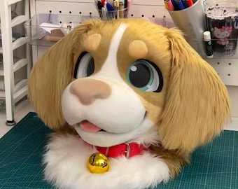 Anpassat Cavalier King Charles Spaniel Pälsdräktshuvud, Handgjort Kemono Hund Pälsdräktshuvud Söt Beige Valp Pälsdräktshuvud Fursona Mask Halsband med Klocka