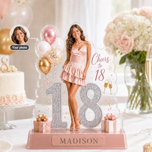 May include: A custom acrylic birthday centerpiece featuring a photo of a person in a pink dress, the text Cheers to 18, a large glittery number 18, and a base with the name Madison. The design includes illustrations of balloons and gift boxes.