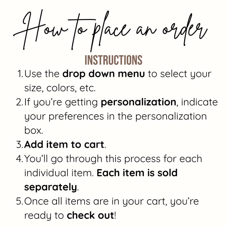 Może przedstawiać: Grafika instruktażowa zatytułowana How to place an order z pięcioma ponumerowanymi krokami. Wyjaśnia użycie menu rozwijanego do wyboru rozmiaru i koloru, wprowadzanie szczeg&oacute;ł&oacute;w personalizacji, dodawanie przedmiot&oacute;w do koszyka, informację, że każdy przedmiot jest sprzedawany osobno oraz proces finalizacji zam&oacute;wienia.