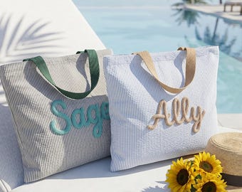 Strandtas met monogram, ruime seersucker-zwembadtas voor reizen, vakantiedagen en weekendjes weg