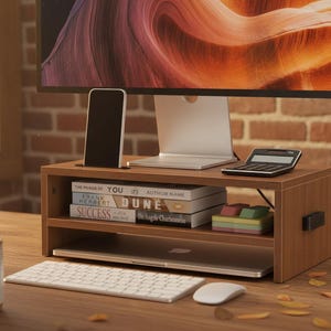 Wooden Monitor Stand Riser with Storage, 2 Tier Desk Organizer Shelf, Ergonomic Computer Screen Stand, Laptop Monitor Shelf, Walnut