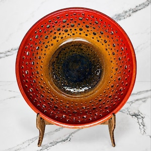 Handmade Ceramic Fruit Bowl | Red Amber Blue Glaze Perforated Centerpiece