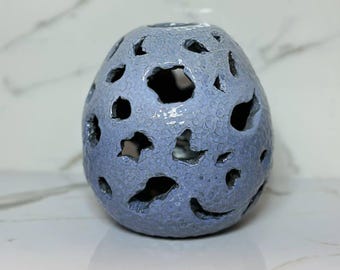 Portavelas de cerámica azul hecho a mano / Farol de cerámica calado para velas, decoración del hogar