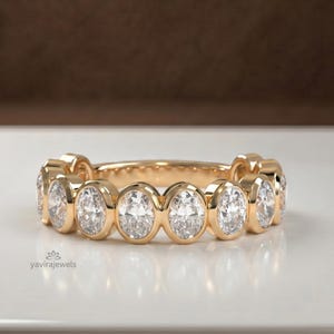 Oval Lab Grown Diamond Eternity Band, Bezel Set Wedding Ring, Solid Gold Anniversary Band, Gift for Women
