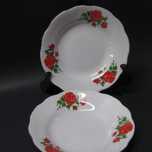 Pair of Lucky Fine China Bowls, Dinnerware, Tableware, Red Rose Pattern, Valentine Plates