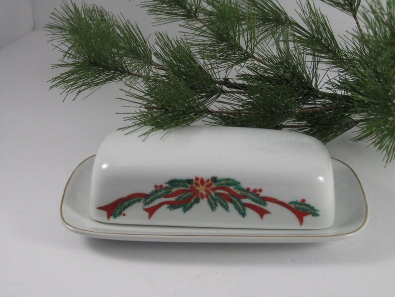 Christmas Butter Dish Poinsettia & Ribbons China Dish Etsy