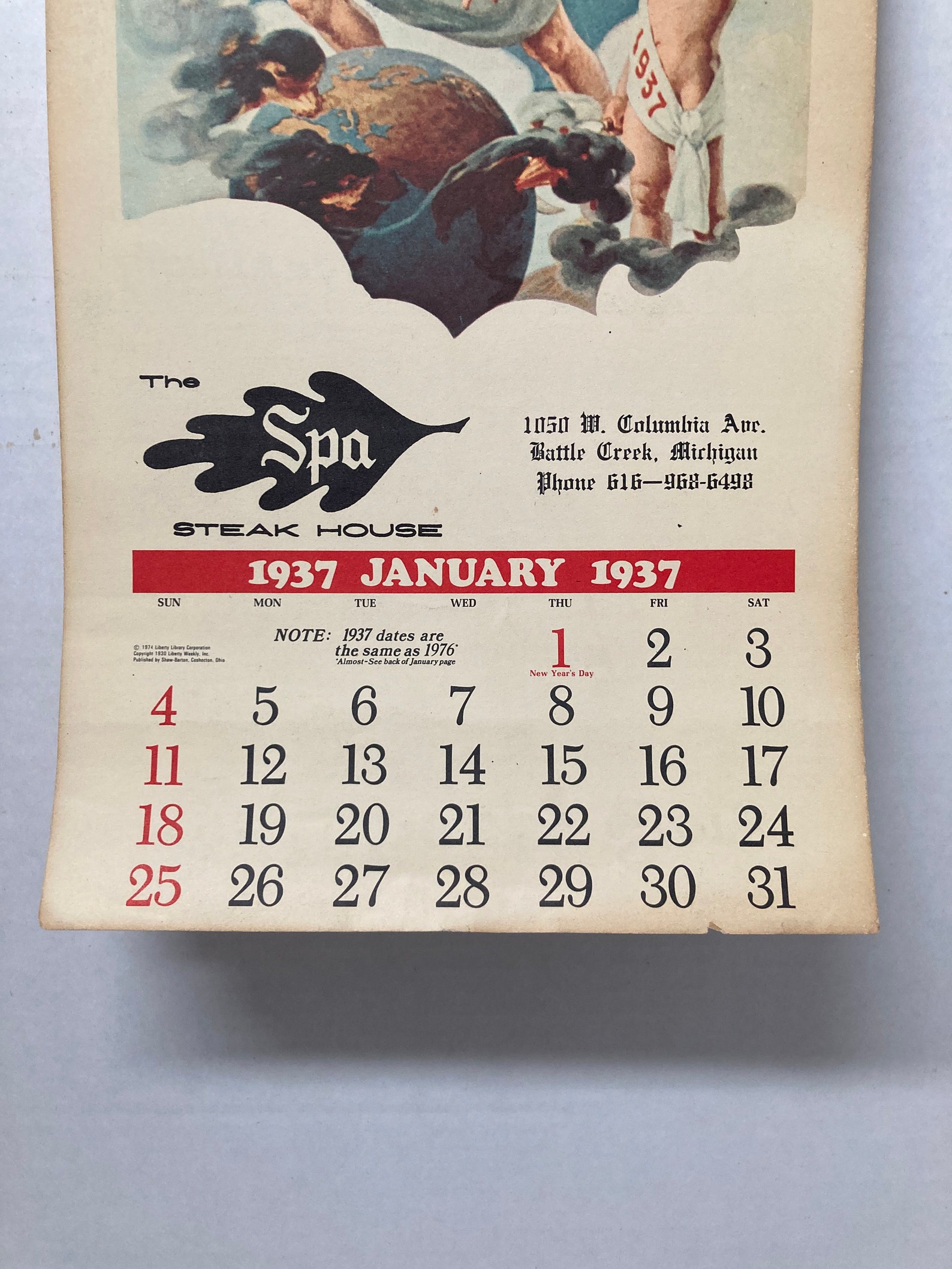 Liberty 1937 Calendar the Spa Steak House Advertising Etsy