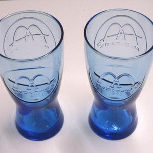 Drinking Glasses, McDonalds 8 Oz. Vintage, 1961 Blue Glass Drinking Glasses, Arch Logo and Dated, Fast Food Memorabilia