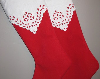 Christmas Stockings, Pair of Handmade Red Christmas Stockings With Vintage Lace