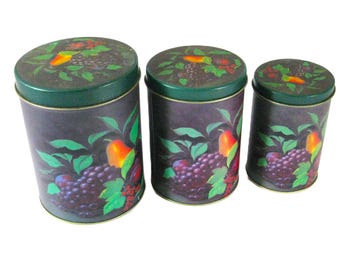 Set of Three Metal Canisters, Fruit Design, Vintage