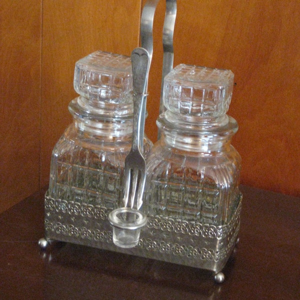 Vintage Glass Server with Hanging Fork , Pickles,and Olives Server, Silver Plated Decanter Holder, Serving and Dining