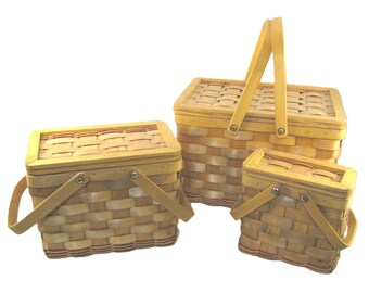 Vintage Nesting Set of 3 Woven Picnic Baskets, A Boyds Bear Accessory