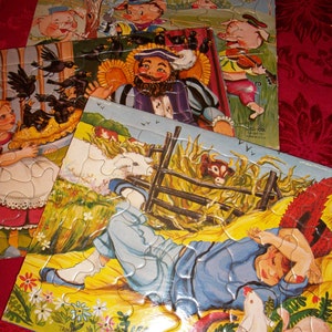 Quebra-cabeças de tabuleiro vintage de 1961, canções de ninar, conjunto de três, decoração infantil, brinquedo
