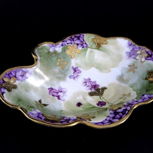 NIPPON Porcelain Dish, Violets Gold Filagree Hand Painted Antique RARE