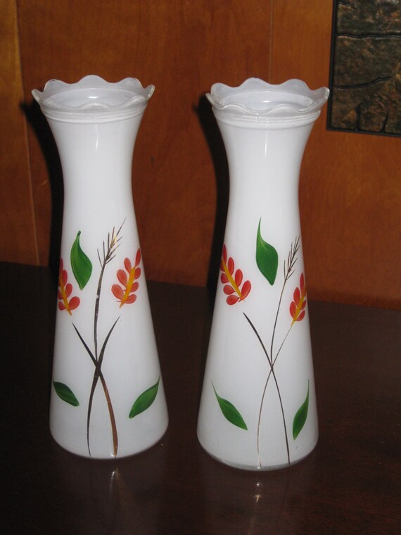 Flower Vases Vintage Pair Of Milk Colored Glass Hand Painted Etsy