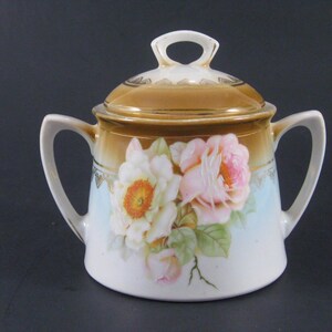 Sugar Bowl, Covered Dish, Germany, Hand Painted, Antique Porcelain
