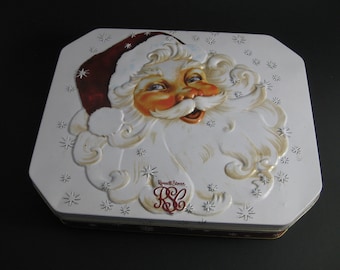 Vintage Russell Stover Christmas Tin, Candy Tin, Santa Tin, Hinged Tin