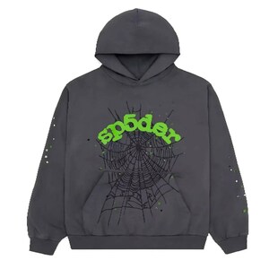 May include: Dark gray hoodie with a hood and a front pocket. The hoodie features a green spider web design with the text "sp5der" in green. The sleeves have green splatter details.