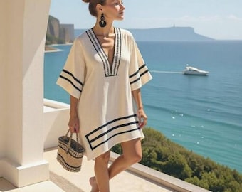 Style Kaftan Dress, Linen Printed loose short Beach Coverup, Resort Wear V-dress seaside Vacation