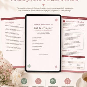 May include: A digital guide titled Het 4e Trimester displayed on a tablet screen, surrounded by printed pages of the same document. The content features text in Dutch, floral illustrations, and icons representing physical recovery, emotions, sleep, and nutrition.