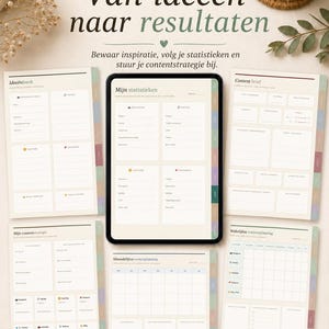 May include: A digital planner displayed on a tablet screen surrounded by printed pages featuring templates for content strategy, statistics, and planning. The text includes 'DIGITAL ORGANISER', 'Van ideeën naar resultaten', and 'LAAT JE CONTENT GROEIEN'.