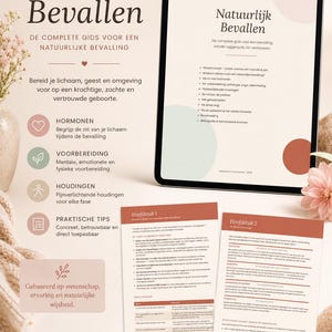 May include: A digital guide titled Natuurlijk Bevallen displayed on a tablet screen and two printed pages, featuring text in Dutch, minimalist terracotta and beige circular graphics, and icons representing hormones, preparation, and practical tips.
