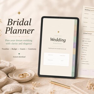 Peut inclure: Un planificateur de mariage numérique sur une tablette, avec le texte "Bridal Planner" et "Wedding". L'image comprend un calendrier de mariage et des pages de budget, ainsi que des alliances et des éléments décoratifs. La palette de couleurs est neutre avec des accents dorés.