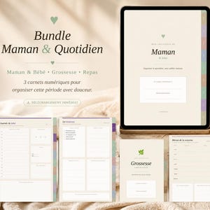Peut inclure: Un ensemble de planificateurs numériques avec le texte "Bundle Maman & Quotidien" et "Maman & Bébé Grossesse Repas". L'ensemble comprend une tablette, des carnets numériques et une bougie.