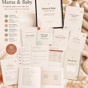 Peut inclure: Un ensemble numérique de dix guides intitulés Mama & Baby, comprenant divers livrets imprimés et une tablette. Les documents couvrent des sujets tels que la grossesse, l'accouchement, les soins, le sommeil et l'alimentation, dans des tons neutres.
