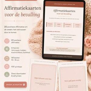 May include: A digital tablet displaying a set of 20 printable affirmation cards for labor, titled Affirmatiekaarten voor de bevalling. Two physical cards are shown below, each measuring 10 x 15 cm, featuring Dutch text and a soft pink border.