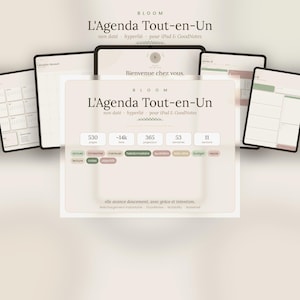 Peut inclure: Plusieurs tablettes affichent un agenda numérique. L'interface de l'agenda présente une palette de couleurs douces avec du texte en français. Le texte comprend "L'Agenda Tout-en-Un" et diverses étiquettes. L'image présente un design moderne et organisé.