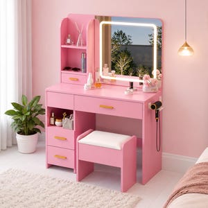Modern Vanity Desk with LED Mirror, 5 Drawers, Storage Shelves, USB Ports