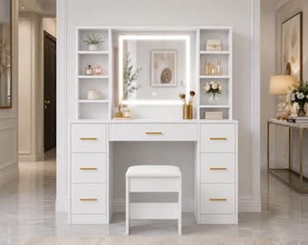 White Vanity Desk with Lighted Mirror and Power Outlet, Makeup Dressing Table